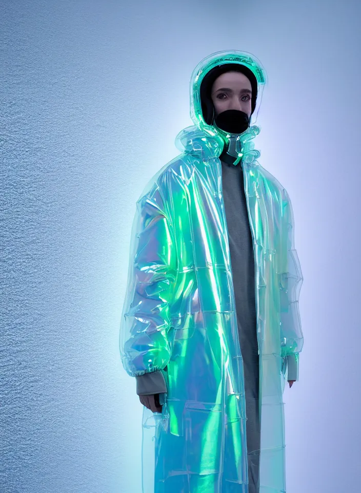 Prompt: an ultra high definition professional studio quality photograph of an artificially intelligent cyberpunk art influencer wearing a transparent iridescent pastel coloured face visor and matching bubbly puffy raincoat on white coat hook in a sheer icelandic black rock environment. three point light. dramatic lighting. volumetric shadows. light rays