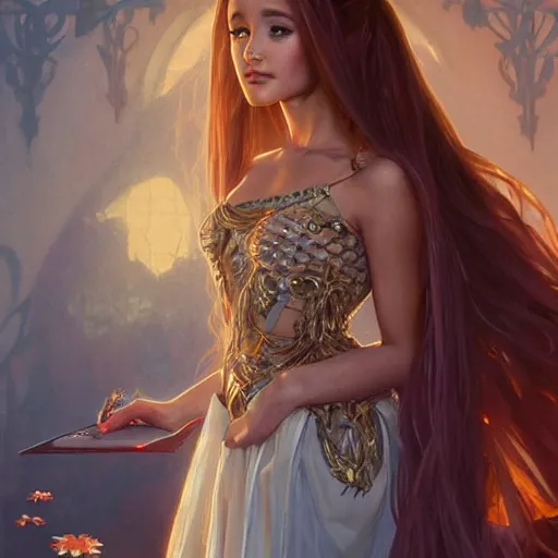 Prompt: portrait of ariana grande as a sorceress, looking at camera, d & d, intricate, elegant gown, stylish, cute smirk, fantasy, extremely detailed, digital painting, artstation, concept art, smooth, sharp focus, illustration, stunning lighting, art by artgerm and greg rutkowski and alphonse mucha and simon stalenhag.