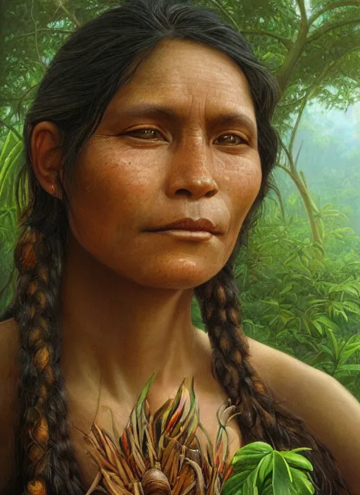 Prompt: a beautiful close up portrait of an indigenous woman harvesting medicinal plants in the jungle, highly detailed, art by christophe vacher