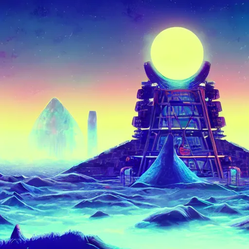 Prompt: ancient structures in the moon, retrowave epic art, trending on art station