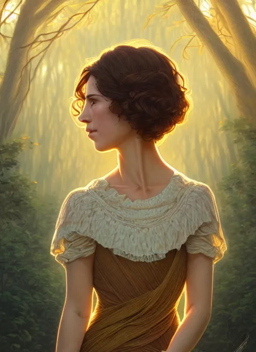 Prompt: symmetrical, full body portrait of a woman with short wavy hair, round face, cottagecore!!, river, trees, golden hour, intricate, elegant, highly detailed, digital painting, artstation, concept art, smooth, sharp focus, illustration, art by artgerm and greg rutkowski and alphonse mucha