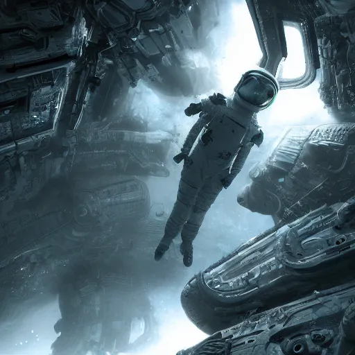 Image similar to concept art by craig mullins astronaut in futuristic dark and empty spaceship underwater. infrared complex and hyperdetailed technical suit. mandelbulb fractal space. reflection and dispersion materials. rays and dispersion of light. volumetric light. 5 0 mm, f / 3 2. noise film photo. flash photography. unreal engine 4, octane render. interstellar movie art