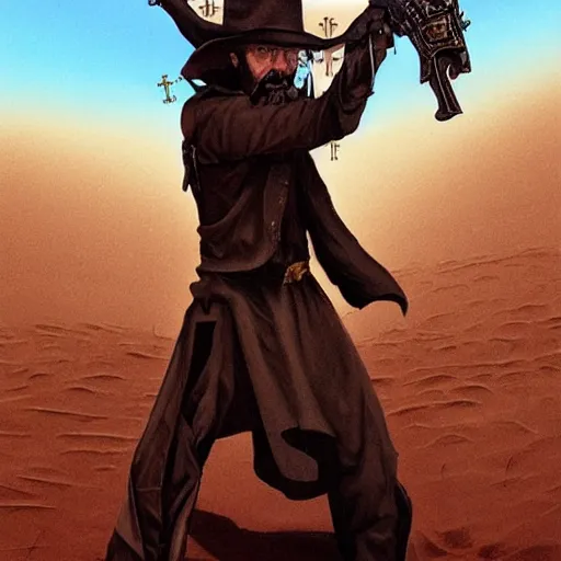 Prompt: a catholic priest with pale skin and black beard, revolver at side, crucifix around neck, similar to roland deschain, shadowy, in middle of desert, art by michael whelan, horror art, science fantasy, highly detailed, hq, trending on artstation, gritty