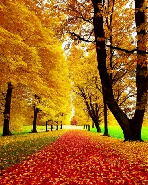 Prompt: Golden autumn, Spreads out Spreads out the leaves, Colorful leaves are lying on the ground, colorful autumn trees, red-yellow colors, carpet, light, peaceful, calm, serene, soothing, relaxed, placid, comforting, cosy, tranquil, quiet,pastel, delicate, graceful, subtle, balmy, mild, ethereal, elegant, tender, soft, light