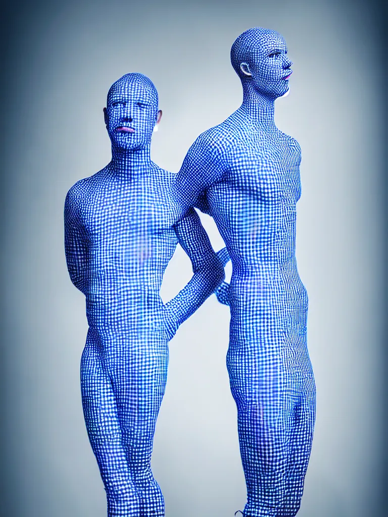 Prompt: a fine art photograph formal self sculpture by the artist kelbv, in realistic style with tubes neatly navigating the contours of his body, and disjoint body pumped full with blue and white gingham ellipsoids, perfect studio lighting.