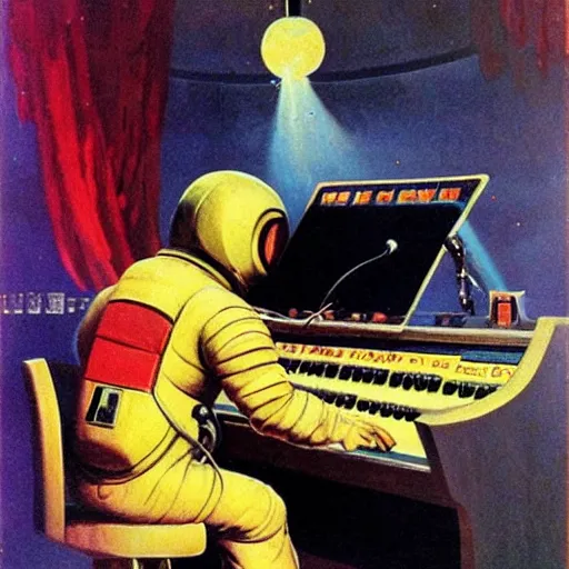 Image similar to astronaut playing keyboard by frank frazetta