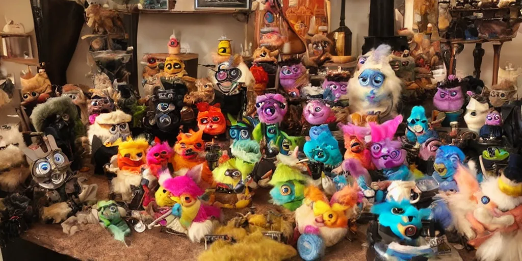 Image similar to an entire cadre of stoner furbies smoking from a variety of pipes, bongs, and implements.