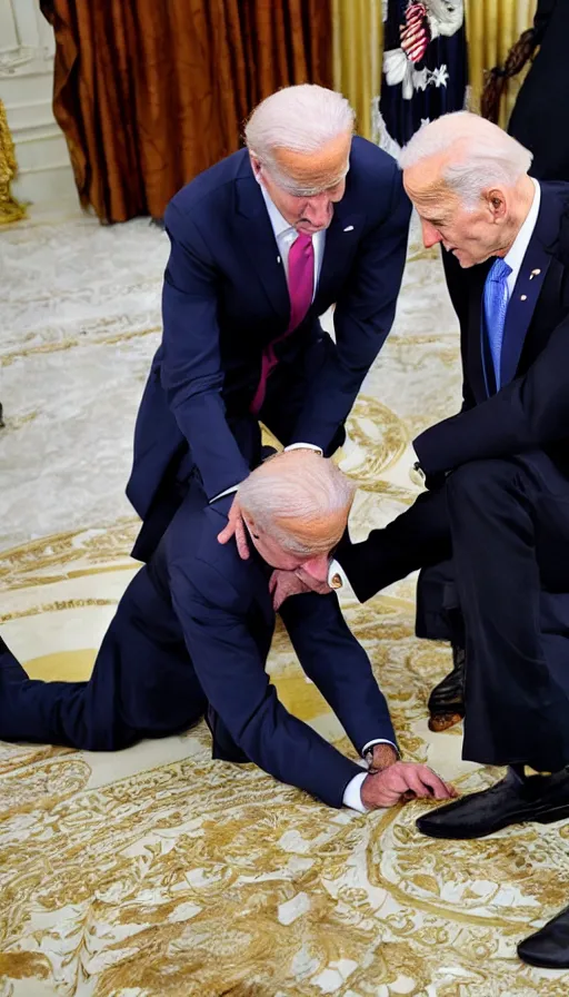 Prompt: photo biden on his knees asks for forgiveness from ivan the terrible