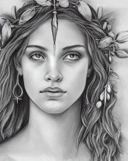 Prompt: pencil drawing of a beautiful greek goddess aphrodite wearing a laurel wreath and arrowhead earrings, beautiful and confident eyes, beautiful flowing hair, hyper realistic face, fantasy, amazing detail, epic, elegant, smooth, sharp focus, from the front, long shot