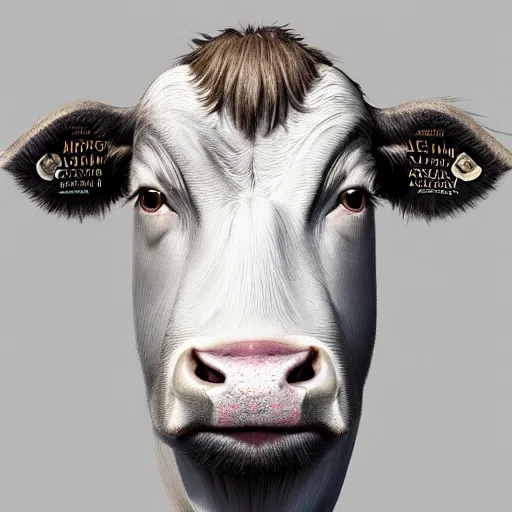 Image similar to portrait of a man - faced cow, hyper detailed, 3 / 4 shot, digital art, trending in artstation, cinematic lighting, studio quality, smooth render, unreal engine 5 rendered, octane rendered, art style by klimt and nixeu and ian sprigger and wlop and krenz cushart