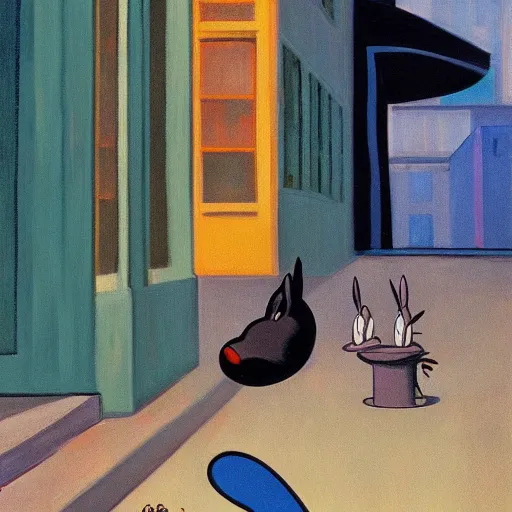 Prompt: bugs bunny drunk in an alley by Edward hopper