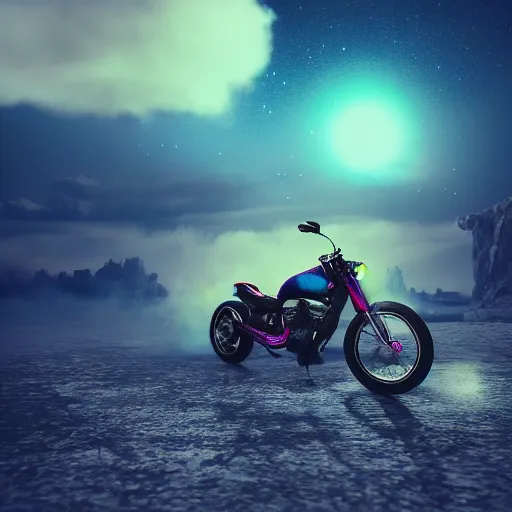 Image similar to a motorcycle floating in space inside magic colorful glowing sparkling fog, starry sky, tranquil, desolate, atmospheric, hazy, autochrome, 8k, photo, octane render, unreal engine 5