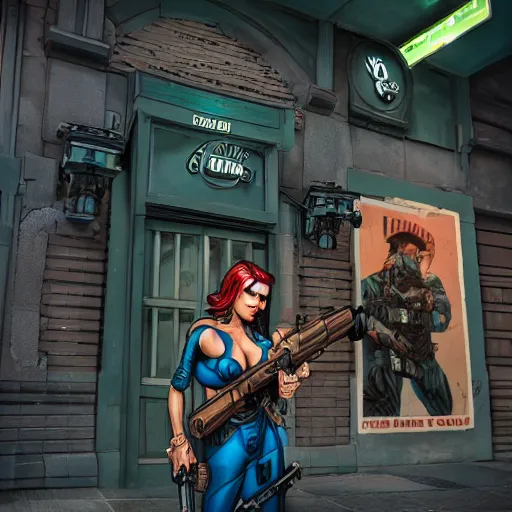 Image similar to a woman with large chest and a big gun, painted in comics style in front of the shop marked with sign Daniel Vavra highly detailed, intricate, concept art, game art, octane render, 8k, unreal engine