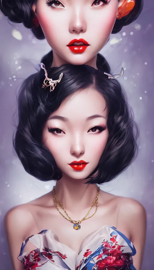 Image similar to a pin up and beautiful fashion and charming and dreamlke asian girl with lv jewelry, medium shot, art by artgerm & ross tran & wlop, hyperdetailed, 8 k realistic, symmetrical, frostbite 3 engine, cryengine, dof, trending on artstation, digital art