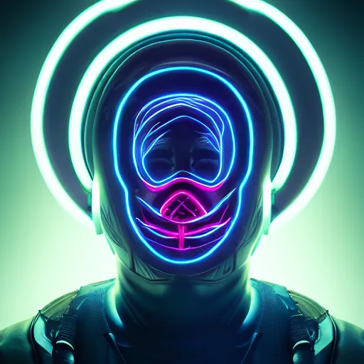 Prompt: hacker from dark web wearing a trival mask, neon, symmetrical, tribal patterns, realistic, unreal engine, octane, redshift, artstation, behance
