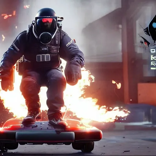 Prompt: Montagne from Rainbow Six Siege riding a hoverboard leaving behind a trail of flames and explosions