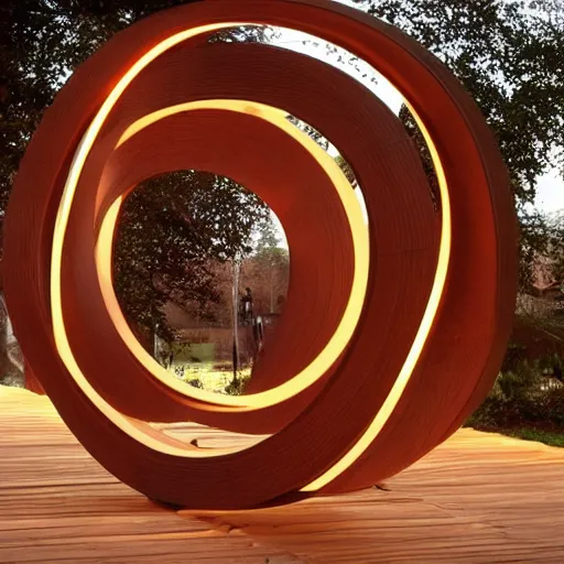 Image similar to circle shaped sculpture, curves, wood, lights