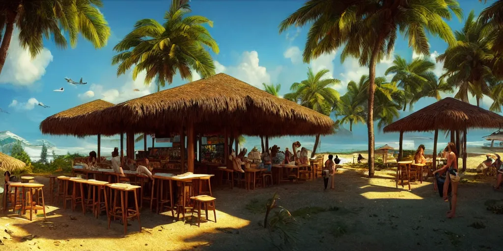 Prompt: a bar on a tropical island, pine trees, sunny, digital art, landscape, fantasy art, octane render, ureal engine, high detail, very realistic, by greg rutkowski. by james gurney