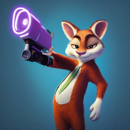 Image similar to “portrait of a cartoon animal, zootopia movie style, pointing a laser gun at the camera, digital art, 4k, award winning”