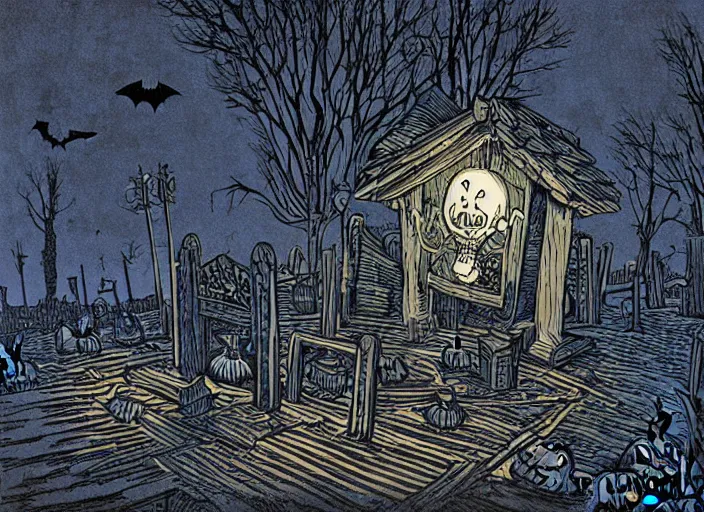 Image similar to blue woodcut print, cartoon halloween pumpkin in graveyard at midnight by greg rutkowski, fine details, highly detailed