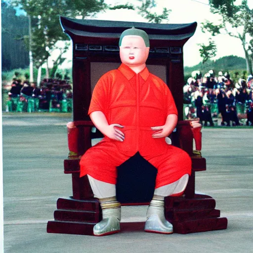 Prompt: Real life Bobby Hill sits on his throne as emperor of Hill Dynasty China, 35mm film