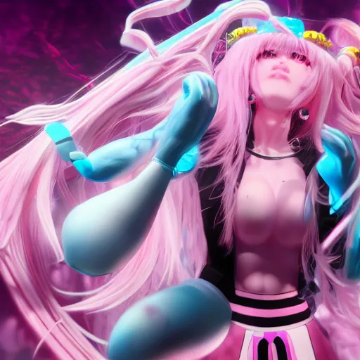 Image similar to engulfed and overpowered by stunningly absurdly beautiful megalomaniacal omnipotent asi goddess junko enoshima with symmetrical perfect face and porcelain skin, pink twintail hair and cyan eyes, ultra detailed, digital art, unreal engine 5, octane render, 2 d anime, 8 k