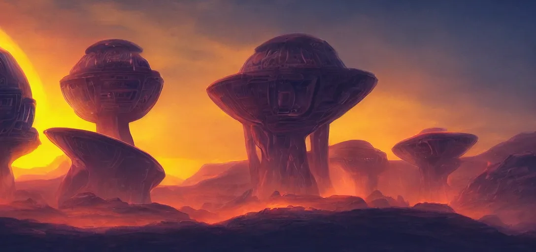 Image similar to an ancient alien civilization with large scifi structures, an orange dramatic sky, warm cool color scheme, cinematic quality, no blur, sharp focus, highly detailed