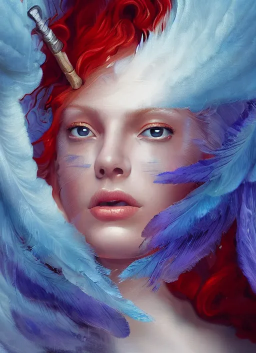 Image similar to a painting of a woman who made of curly and transparent feathers and cloud with red edges is holding a sword, a digital painting by charlie bowater, made of many translucent layers of blue feathers and cloud, metaphysical painting, speedpainting, digital painting, holographic undertones, highly saturated colors, 4 k, glossy eyes, concept art, trending on artstation