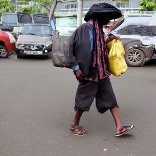 Prompt: thief carrying bag of money in the style of john muafangejo