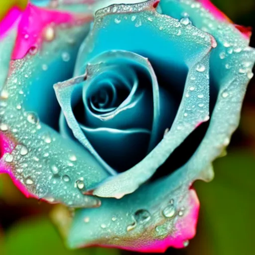 Prompt: A 4k photo of a blue rose, morning dew on the rose, high contrast