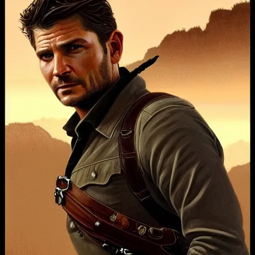 Image similar to A combination of Jensen Ackles's and Orlando Bloom's and Timothy Olyphant's faces as Nathan Drake, western, D&D, fantasy, intricate, elegant, highly detailed, digital painting, artstation, concept art, matte, sharp focus, illustration, art by Artgerm and Greg Rutkowski and Alphonse Mucha