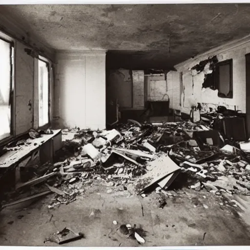 Image similar to The digital art shows a scene of total destruction. A room has been completely wrecked, with furniture overturned, belongings strewn about, and debris everywhere. The only thing left intact is a single photograph on the wall. This photograph is the only evidence of what the room once looked like. It shows a tidy, well-appointed space, with everything in its place. The contrast between the two images is stark, and it is clear that the destruction was complete and absolute. 2010s by Robert Irwin rigorous