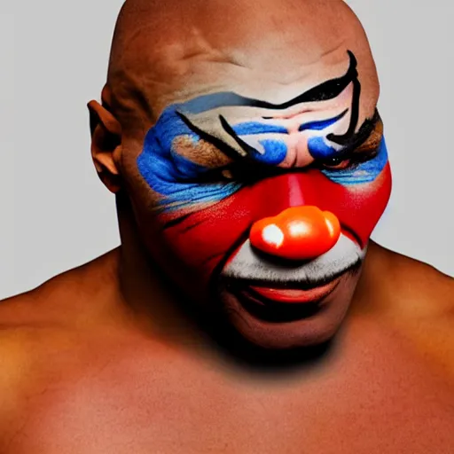 Image similar to UHD photorealistic Cosmic Mike Tyson wearing a clown costume with real clown makeup in the style of tonalism