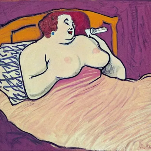 Image similar to a beautiful fat woman drinking coffee in a bed with white sheets drinking coffee in the style of telous lautrec