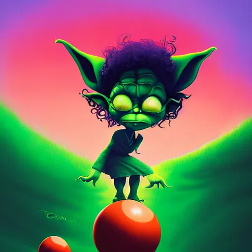 Image similar to curled perspective digital art of curly brown hair girl playing ball with yoda by anton fadeev from nightmare before christmas