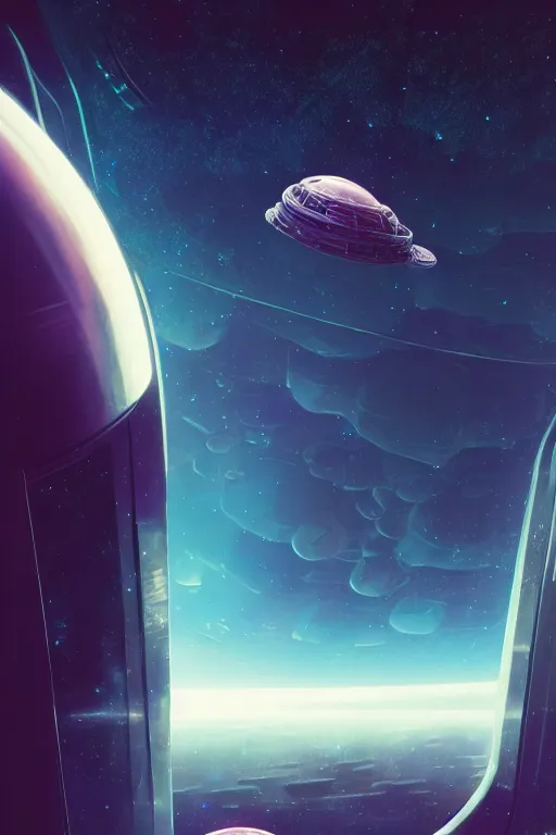 Image similar to nomad, sad in spaceship, gazing at view of galaxy in space through a window, intricate detailed environment, photorealistic!, octane render, mechanical, concept art, cinematic lighting, digital art, interstellar, hyper realism, sharp, cyberpunk, 8 k, de dia los muertos. by angus mckie, moebius, maciej kuciara