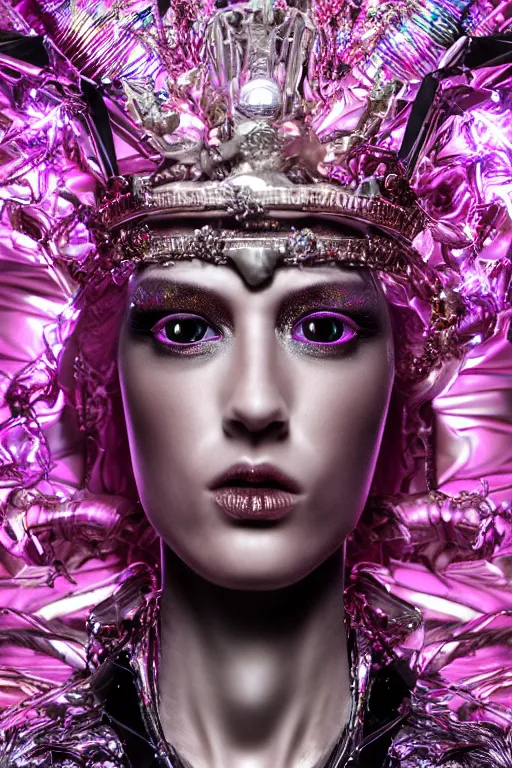 Image similar to hyper detailed ultra sharp portrait of baroque and bladerunner delicate glowing diamond sculpture of seductive muscular albino young spanish rock and roll king, pink diamond black metallic sphinx iridescent humanoid deity wearing black cloak holding a prismatic gem, glowing pink face, crown of white diamonds, cinematic lighting, photorealistic, octane render 8 k depth of field 3 d