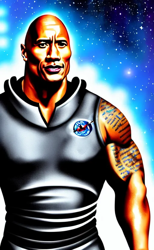 Prompt: dwayne the rock johnson wearing a space suit, very detailed face, 4 k upscaled high quality, digital art, realistic