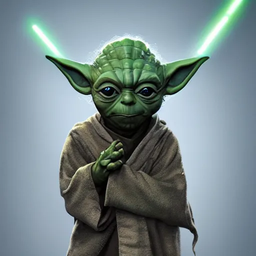 Image similar to yoda ready to fight, au naturel, hyper detailed, digital art, trending in artstation, cinematic lighting, studio quality, smooth render, unreal engine 5 rendered, octane rendered, art style by klimt and nixeu and ian sprigger and wlop and krenz cushart