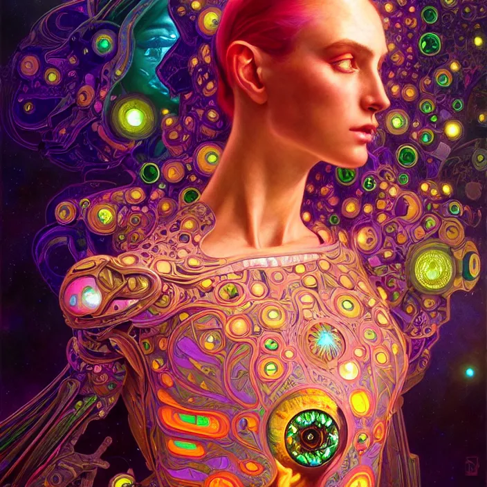 Prompt: bright psychedelic portrait of organic starseed cyborg, diffuse lighting, fantasy, intricate, elegant, highly detailed, lifelike, photorealistic, digital painting, artstation, illustration, concept art, smooth, sharp focus, art by John Collier and Albert Aublet and Krenz Cushart and Artem Demura and Alphonse Mucha
