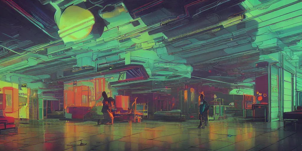 Image similar to 90s interior in the style of Peter Chung, figures, bright fluorescent lights, neon colors, cinematic, cyberpunk, smooth, chrome, lofi, nebula, calming, dramatic, fantasy, by Moebius, by zdzisław beksiński, fantasy LUT, studio ghibli, high contrast, epic composition, sci-fi, dreamlike, surreal, angelic, 8k, unreal engine, hyper realistic, fantasy concept art,