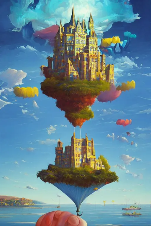 Prompt: a painting of a castle city island floating in the air, a surrealist painting by rhads, james jean, alberto seveso, behance contest winner, psychedelic art, flying castle, wallpaper, art