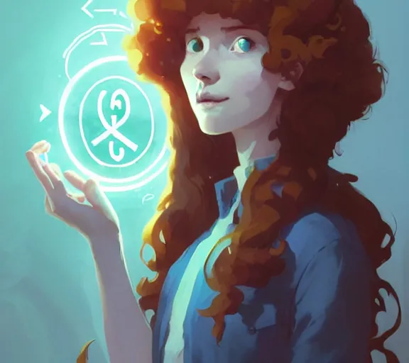 Image similar to portrait woman with long ginger curly hair, profane glowing rune, runes, by atey ghailan, by greg rutkowski, by greg tocchini, by james gilleard, by joe fenton, by kaethe butcher, by ashley wood, dynamic lighting, gradient light blue, brown, blonde cream and white color scheme, grunge aesthetic