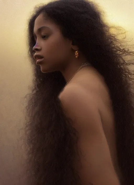 Prompt: oil painting close up portrait of a contemplative young black woman with long dark flowing hair in a dress made of white roses!! at sunset, hazy, digital art, chiaroscuro, artstation, cinematic, golden hour, digital art painting by greg rutkowski, william - adolphe bouguereau, hazy atmosphere, cinematic lighting