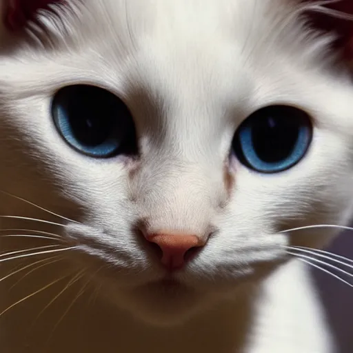 Image similar to an [ [ [ [ orange ] ] ] ] white black kitty mid - blink front view