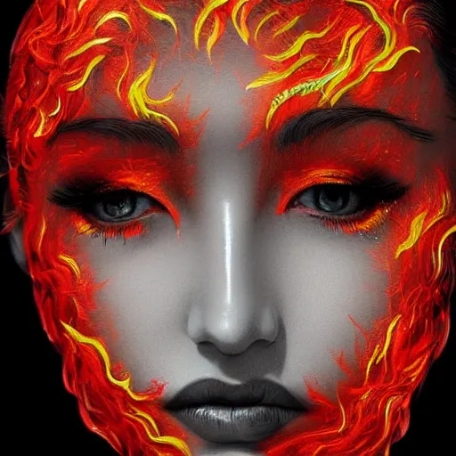 Image similar to artistic drawing of beautiful female face, made entirely from painted flames, made entirely from painted flames, made entirely from painted flames, made entirely from painted flames, made entirely from painted flames, trending on Artstation