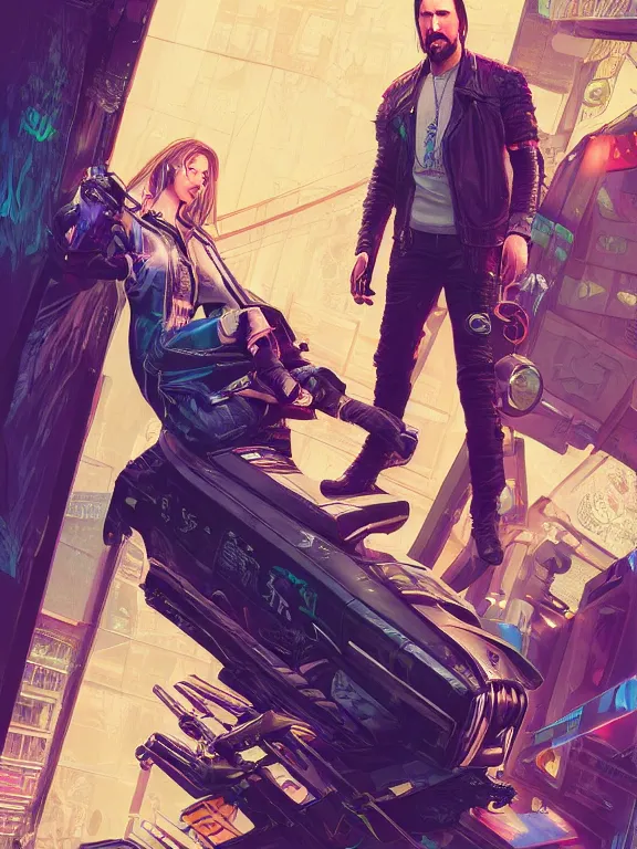 Prompt: a cyberpunk 2077 couple portrait of Keanu Reeves and V in love story,film lighting,by laurie greasley,Lawrence Alma-Tadema,William Morris,Dan Mumford,trending on atrstation,full of color,Digital painting,face enhance,highly detailed,8K, octane,golden ratio,cinematic lighting