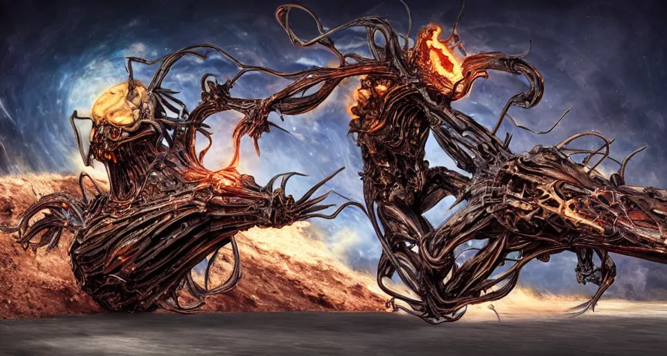 Image similar to Cosmic Ghost Rider Designed By Moebius Yasushi Nirasawa and HR Giger, full body action pose, hyperrealistic, octane render, HDR, volumetric lighting,