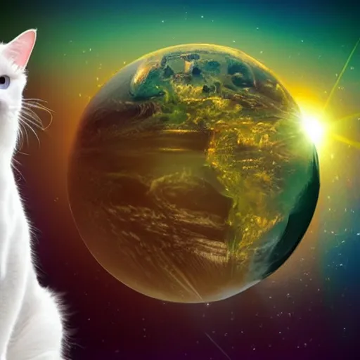 Prompt: white cat with black parts in fur, with green eyes holding planet earth with paws, the planet is on fire