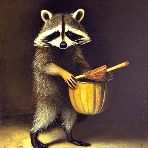 Prompt: a raccoon wearing formal clothes, wearing a tophap and holding a cane. the raccoon is holding a garbage bag. oil painting in the style of rembrandt.